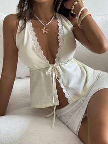 Áo khoác vest nữ mùa hè không tay, cổ chữ V, phối ren tương phản, dây rút eo, kiểu dáng thường ngày, thích hợp cho kỳ nghỉ. - Màu be - Xem 6