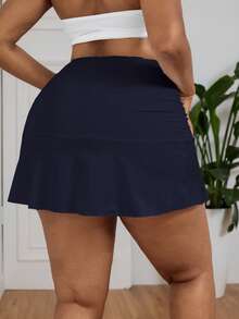 SHEIN PETITE CURVE 春夏休闲纯色褶皱荷叶边白色半身裙 - 寶藍色 - 查看 2