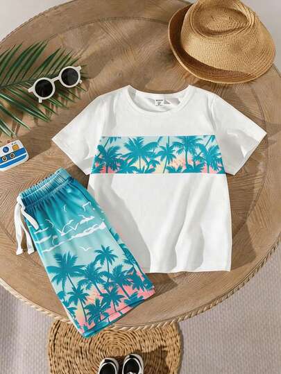 SHEIN Set de 2 piezas con camiseta de manga corta de cuello redondo con estampado casual y pantalones cortos a juego con estampado de playa, adecuado para uso diario casual, vacaciones, deportes, exteriores, playa para niño joven