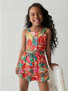 SHEIN Maija Kids Bộ 2 món gồm chân váy ngắn in họa tiết, dây đeo điều chỉnh được, xếp tầng, viền bèo nhún, kiểu dáng truyền thống cổ điển, trang phục thường ngày thời trang retro cho bé gái, thích hợp đi chơi, ở nhà, đi học, đi nghỉ mát, phong cách Boho. - Nhiều màu - Xem 1