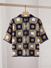 SWAVVY Áo sơ mi nam tay ngắn dệt kim móc kiểu Bohemian cài một hàng khuy, phong cách thường ngày. - Màu xanh lá cây đậm - Xem 3