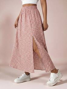 SHEIN VCAY Plus Size Women's Casual Ditsy Floral High Slit Skirt, Summer - Baby Pink - View 3