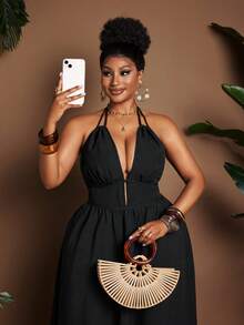 Maweii Sexy Black V-Neck Spaghetti Strap Cinched Waist Plus Size Dress - Black - View 2