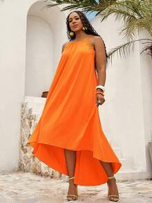 EMERY ROSE Brown Summer Boho Beach Gym Holiday Dress,Plus Size Women Solid Color Contrast Lace Halter Dress,Vacation Outfits,Zanzea Spring Country Clothing - Burnt Orange - View 4