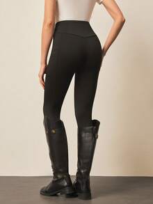 WanderVale 女士纯色休闲百搭打底裤，适合日常穿着 - 黑色 - 查看 2