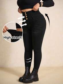 Elaquor Quần jeans nữ cỡ lớn dáng ôm, cài cúc phía trước, có túi, kiểu dáng thường ngày, đa năng. - màu đen - Xem 6