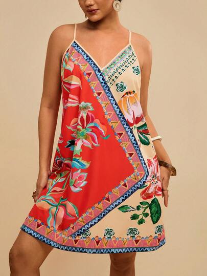 Travachic Plus Size Women's Black Tropical Print Dress, Loose Fit V-Neck Spaghetti Strap Short Vacation Dress