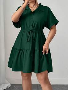 Elenzga Plus-Size Loose-Fitting Casual Shirt-Style Dress With Rich Details - Dark Green - View 6