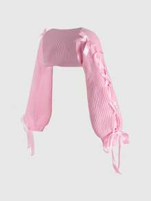 ROMWE Plus Size Kawaii Versatile Solid Knit Cardigan With Bow, Pink/Winter - Pink - View 6