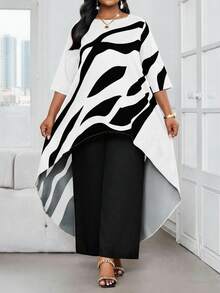 SHEIN Lady 2025新款女装两件套加大码商务通勤撞色印花不对称下摆上衣和裤子套装优雅夏季度假女装加大码两件套女装秋季女装 - 彩色 - 查看 4