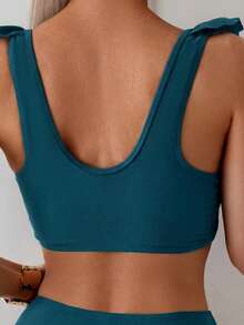 Swim Basics 两件套女士夏季沙滩优雅度假纯色荷叶边吊带褶皱前片上衣和高腰褶皱三角裤套装 - 水鴨藍 - 查看 4