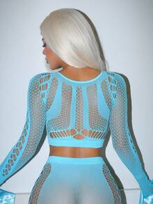 SHEIN 2pcs Dancer Hollow Out Ruffle Lantern Sleeve Satin Reflective Seamless Y2K Sexy Club Outfit Women Lingerie Set Blue Fishnets - Mint Blue - View 4