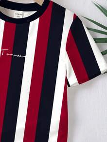 SHEIN Young Boy Casual Classic Striped Patchwork Graphic Print Round Neck Loose T-Shirt, Suitable For Summer - Multicolor - View 4