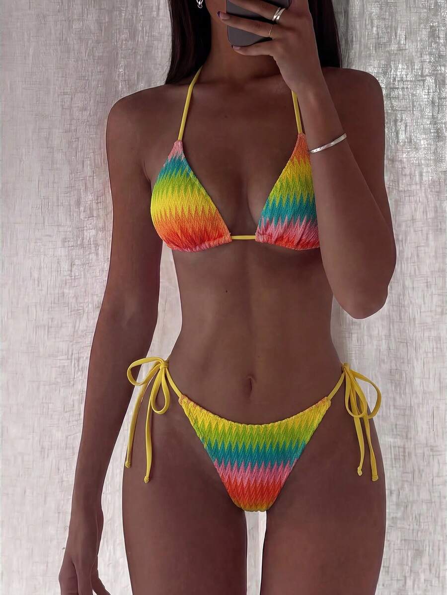 Costavie Swim Basics 两件套多巴胺花卉纹理挂脖三角文胸和侧系带比基尼泳裤性感泳衣套装，女士，春夏款 - 彩色 - 查看 1