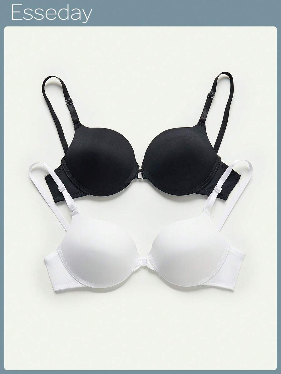 2 件纯色钢圈文胸 - 黑與白 - 查看 1