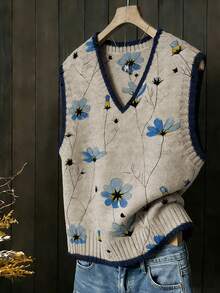 SHEIN LUNE 春夏新品：简约休闲舒适，居家休闲皆宜 灰色和蓝色碎花随机印花 V 领无袖大码女式针织套头衫 - 杏色 - 查看 3