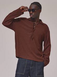 Musero Loose Fit Collared Long Sleeve Tie Up Front V Neck Shirt Top Spring Summer Essentials Holiday - Rust Brown - View 1