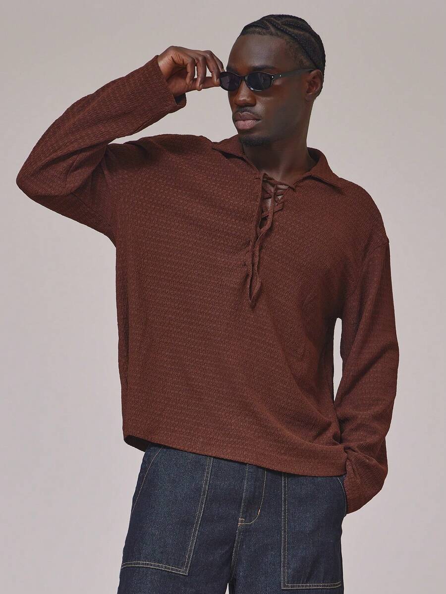 Musero Loose Fit Collared Long Sleeve Tie Up Front V Neck Shirt Top Spring Summer Essentials Holiday - Rust Brown - View 1