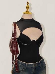 SHEIN ICON 网眼拼接不规则镂空钢圈女式背心 - 黑色 - 查看 5