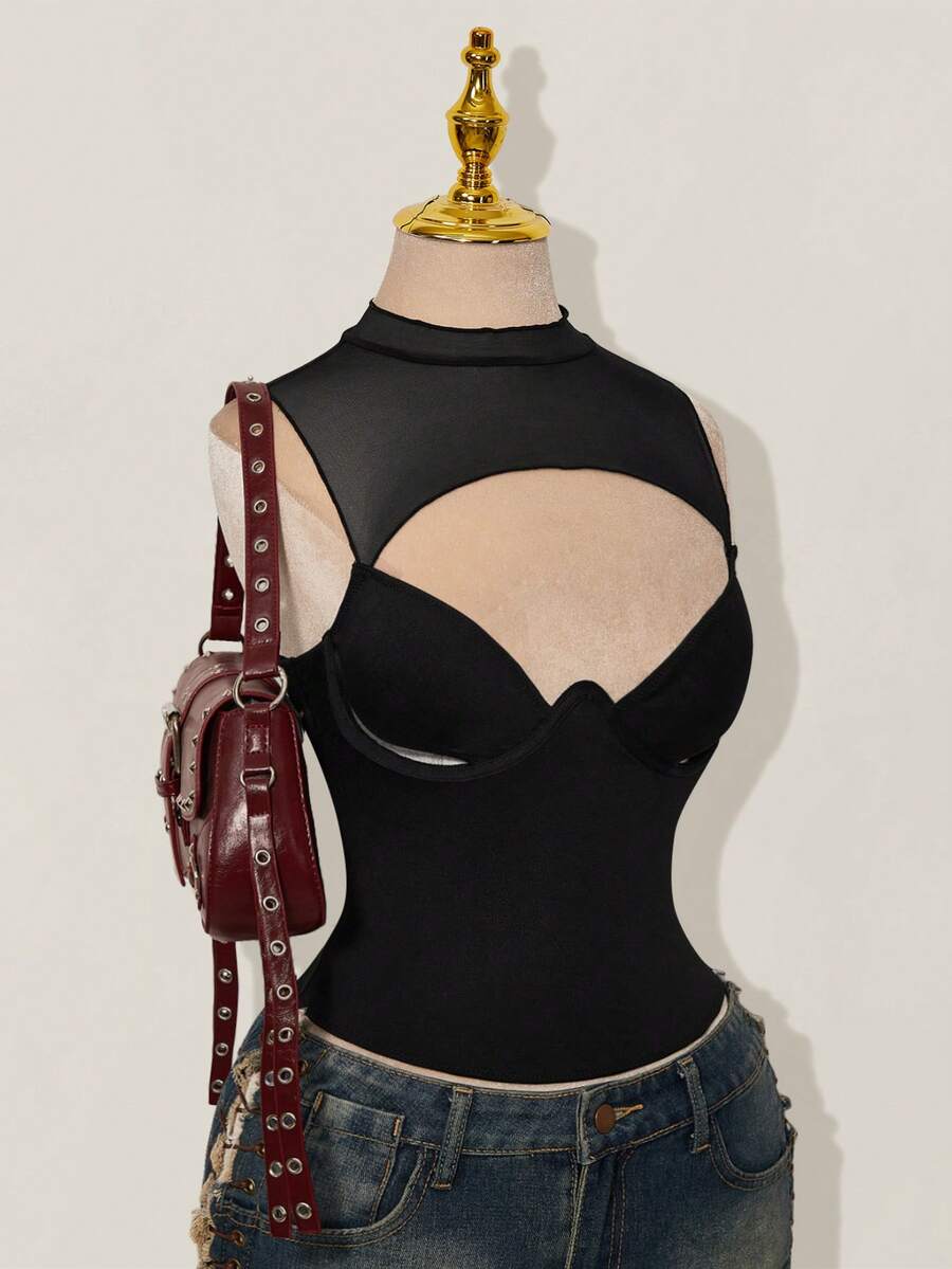 SHEIN ICON 网眼拼接不规则镂空钢圈女式背心 - 黑色 - 查看 1