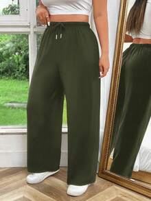 Flirla Damen Große Größen Einfarbige Hose mit Kordelzug Taille, vielseitig für den täglichen Gebrauch - Armeegrün - Übersicht 5