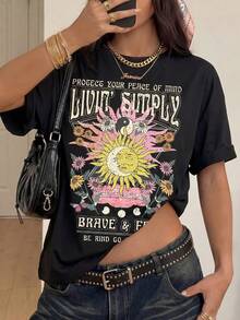 SHEIN Leap Crew Thiếu niên cô gái mặt trời & Đồ họa Khẩu hiệu Áo thun Thả vai - màu đen - Xem 3