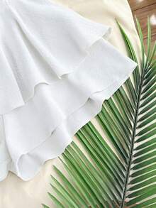 SHEIN 少女蓝色纹理雪纺层叠荷叶边下摆系带腰连体裤，春夏休闲度假风 - 白色 - 查看 6