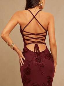 Silquee Váy dệt kim Jacquard thanh lịch - Màu Đỏ Sâu - Xem 5