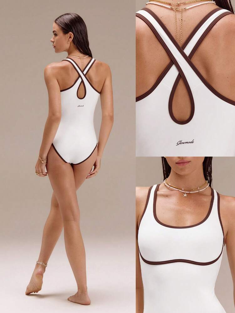 Chlorine-Resistant Sun-Chaser Sun-Protective Removable Cups Keyhole Back Design Contrast Piping High Cut One Piece Swimsuit Swimming Beach Pool Holiday Vacation Summer Wear