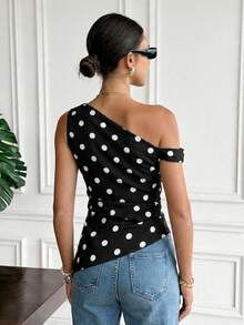 Serisse Women's Polka Dot Pattern Asymmetric-Shoulder Ruched Fashionable Blouse - Black - View 2