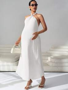 MaterniWear Vestido elegante de maternidad con textura, de cuello halter y espalda descubierta para el verano - Blanco - Ver 5