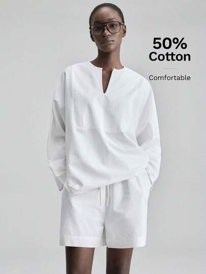 Ontre 2026春夏新款象牙白衬衫，柔软亲肤梭织面料，翻领短袖纽扣宽松V领长蝙蝠袖女式上衣，女式衬衫，女式短裤两件套，舒适居家、独立日、办公、教师、度假、假日、都市时尚、简约优雅休闲通勤时尚百搭女式两件套