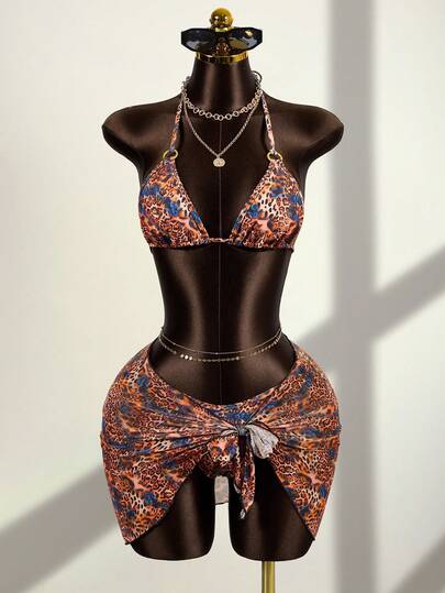 Zestiva Bộ bikini 3 món dành cho nữ, họa tiết da báo trừu tượng ngẫu nhiên, gợi cảm, thời trang mùa hè, thích hợp đi biển, kèm áo khoác ngoài.