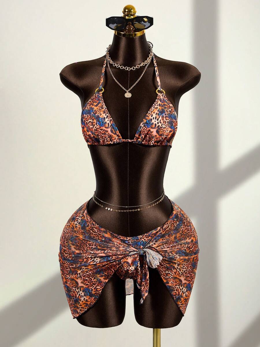 Zestiva 3pcs Women Leopard Print Abstract Random Pattern Sexy Fashion Summer Beach Vacation Bikini Set With Cover Up - Multicolor - View 1