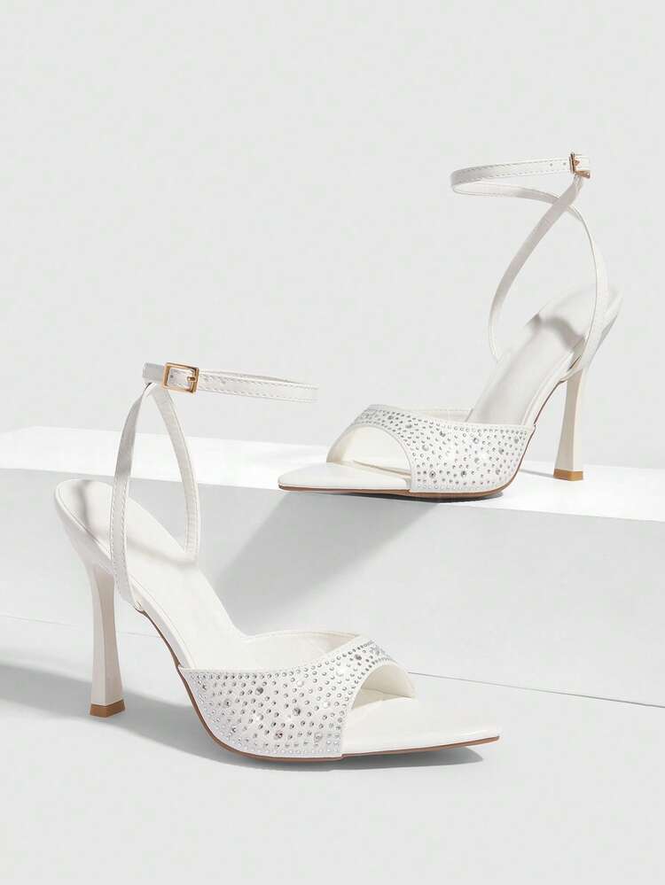 CUCCOO SZL Women Shoes Pointed Slender Heel White Rhinestone Open Toe Ankle Strap Women's High Heel Sandals Sexy Fashion Gorgeous Elegant With Skirts Daily Versatile Banquet Party Women Sandals