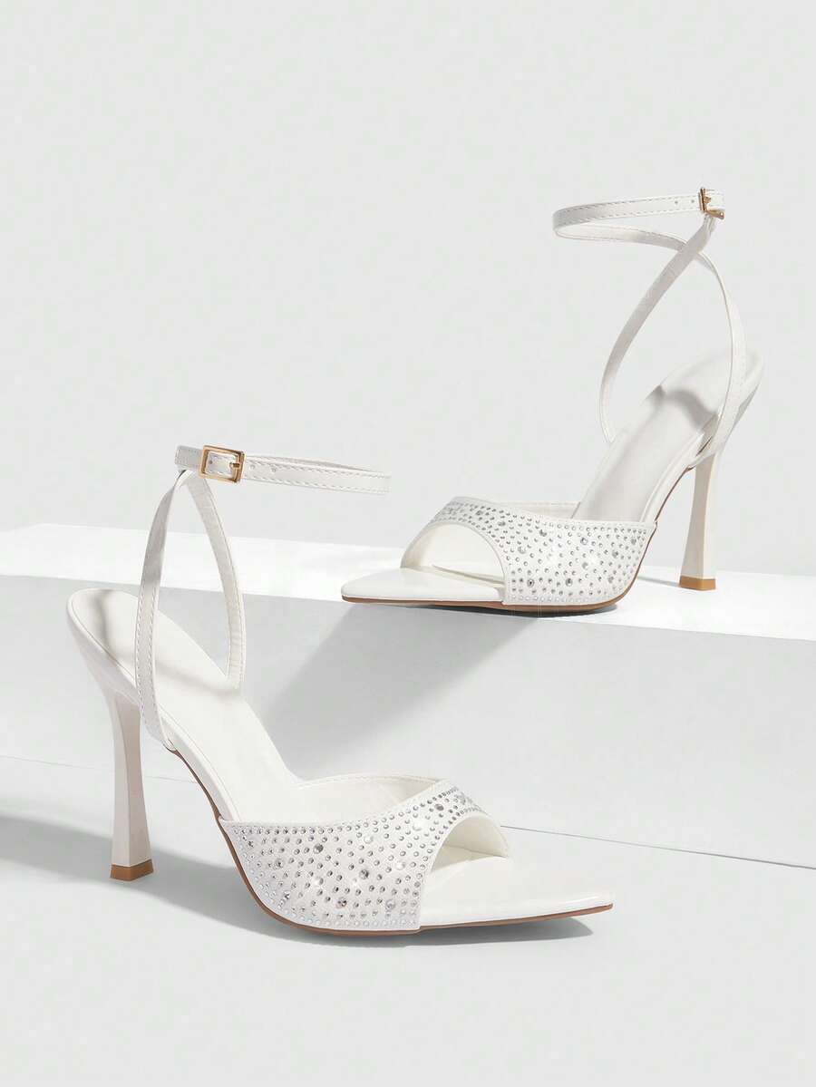 CUCCOO SZL Giày nữ cao gót mũi nhọn, thon gọn, màu trắng đính đá, hở mũi, quai ngang mắt cá chân, sandal cao gót gợi cảm, sang trọng, thanh lịch, phù hợp với váy, đa năng, dự tiệc. - Màu trắng PU - Xem 1