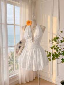 Comfortcana Plus Size Casual Vacation Style White Textured Chiffon Dress - White - View 6