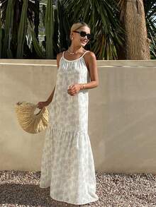 Livesso Đầm midi dáng rộng, dây đeo, họa tiết hoa và hình học mùa xuân hè, phong cách bohemian, thường ngày, thích hợp đi nghỉ mát, đi biển, đi làm, thanh lịch, phù hợp cho nữ. - Màu be - Xem 2