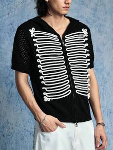 ROMWE MEN Street Life Áo khoác cardigan nam ngắn tay có mũ, in họa tiết tối giản. - màu đen - Xem 7