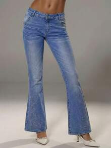 TRNVIE Women's Rhinestone Embellished Low Waist Flare Leg Jeans, Fashionable - Light Wash - View 11