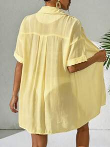 SHEIN Swim 女士简约纯色短袖和服罩衫，夏季海滩装扮，女士沙滩罩衫，长款衬衫，沙滩衬衫 - 淡黃色 - 查看 2