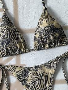 Swim Vcay Bộ bikini hở lưng, cổ yếm họa tiết da báo gợi cảm dành cho nữ, thích hợp cho kỳ nghỉ biển. - màu nâu - Xem 6