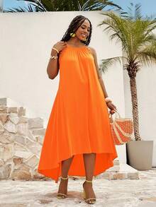 EMERY ROSE Brown Summer Boho Beach Gym Holiday Dress,Plus Size Women Solid Color Contrast Lace Halter Dress,Vacation Outfits,Zanzea Spring Country Clothing - Burnt Orange - View 6