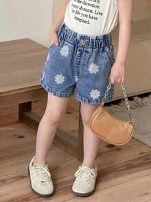 SHEIN Playful Pals Young Girl Denim Shorts Summer New Country Fresh Printing Flower Pattern Dark Blue Washed Elastic Waist Comfortable Premium Cotton Daily Basic School - Medium Wash - View 3