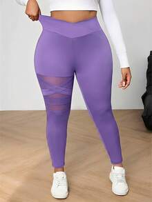 SHEIN PETITE CURVE Plus Size Women's Solid Color Basic Daily Leggings - Purple - View 3