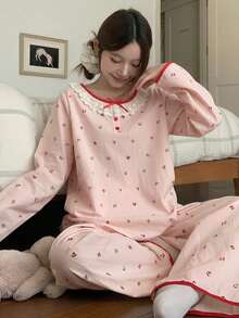 DAZY 2pcs Sweet Ditsy Floral Embroidered Ruffle Collar Contrast Trim Loose Pajama Set For Women, Spring - Baby Pink - View 5