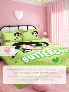 THE POWERPUFF GIRLS X SHEIN 三件套绿色卡通印花被套，柔软磨砂面料，果绿色被套，心形、星星、卡通人物图案，多种尺寸可选，适用于单人床、双人床、特大号床和加大号床。 - 果綠 - 查看 5
