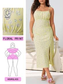 Solflare 春夏新款休闲百搭碎花针织长裙，可调节细肩带，高开衩设计，适合外出、派对、通勤、音乐节、返校、度假、城市漫步等场合，大码尺码 - 彩色 - 查看 1