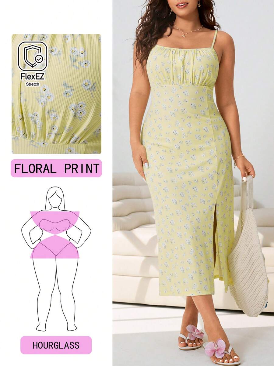 Solflare 春夏新款休闲百搭碎花针织长裙，可调节细肩带，高开衩设计，适合外出、派对、通勤、音乐节、返校、度假、城市漫步等场合，大码尺码 - 彩色 - 查看 1