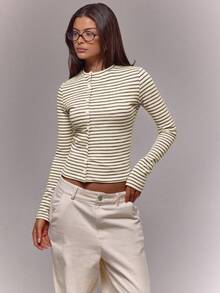 MUSERA 不对称纽扣长袖条纹罗纹圆领上衣，复古乡村风，可爱田园风，返校季休闲居家上衣，女款，奶油糖色，春夏 - 彩色 - 查看 5